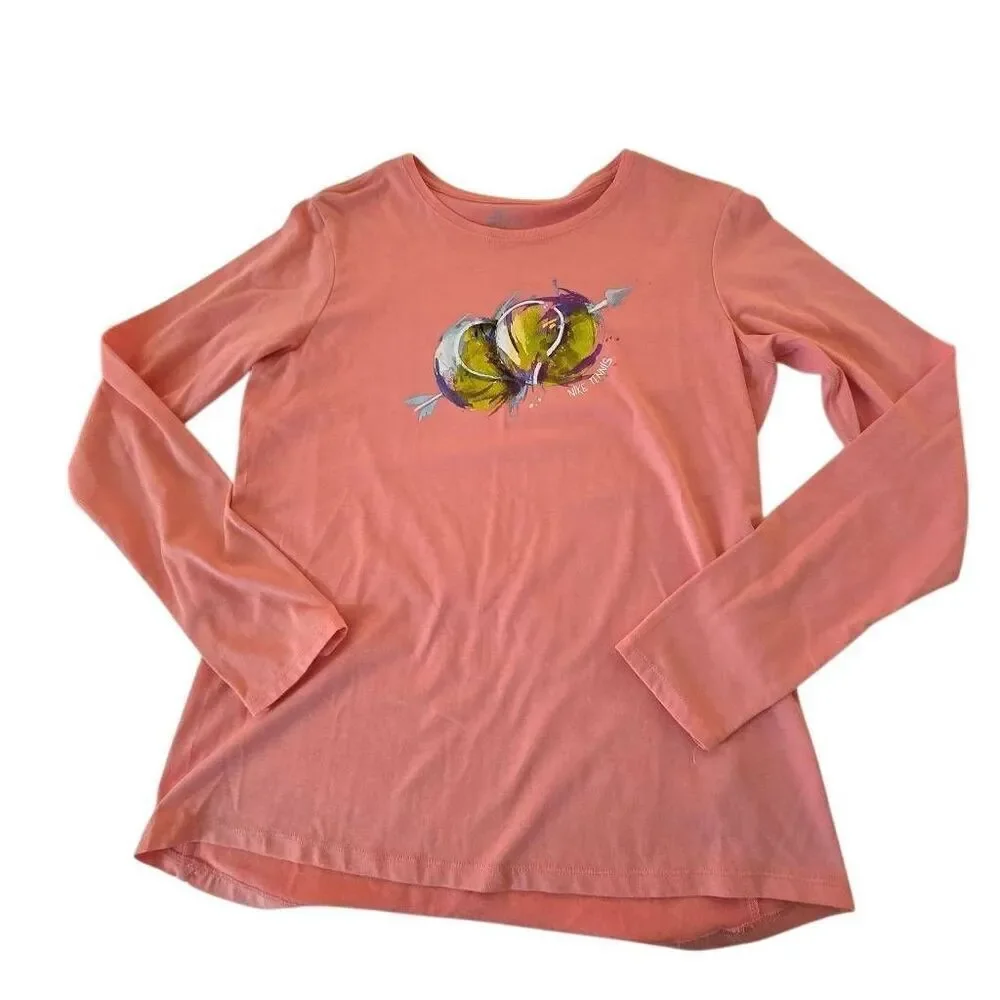 Nike Womens Dri Fit Long Sleeve Peach Tennis Ball Graphic Tee Shirt Large